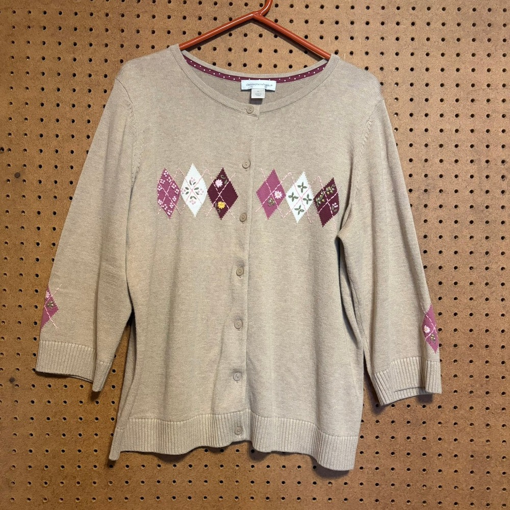 Christopher & Banks Cardigan XL Tan Argyle Floral Embroidered Cotton Sweater